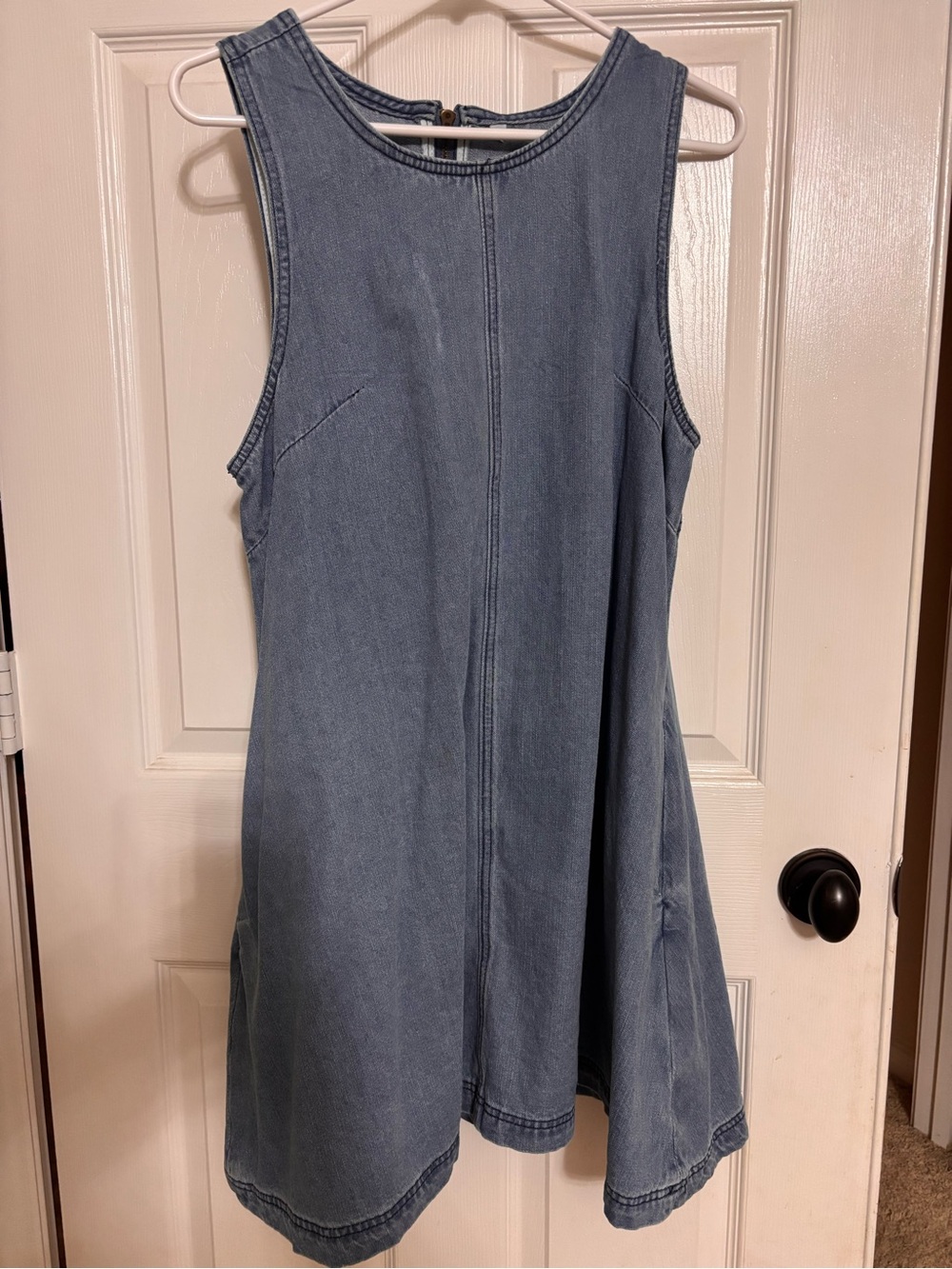 Sleeveless Light Wash Denim Dress with Back Cutout and side pockets - Picture 2 of 7